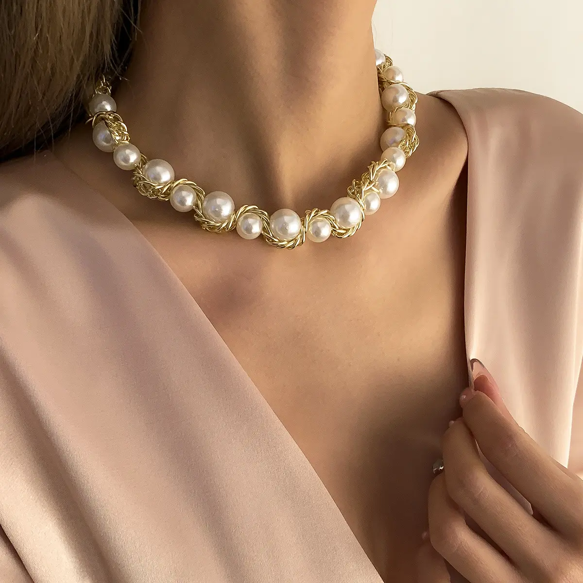 Collier de perles d'eau douce pour femmes, à la mode, corde torsadée 18K, vente en gros