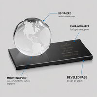Trophée presse-papiers sphérique en cristal, carte du monde, base gravée sur mesure, récompense de service, tendance mode écologique, vente en gros