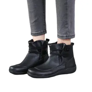 botas, zapatos de las mujeres Suppliers-Botines informales para mujer, botas planas de cuero con correa Retro, zapatos de punta redonda, botas de invierno sin cordones