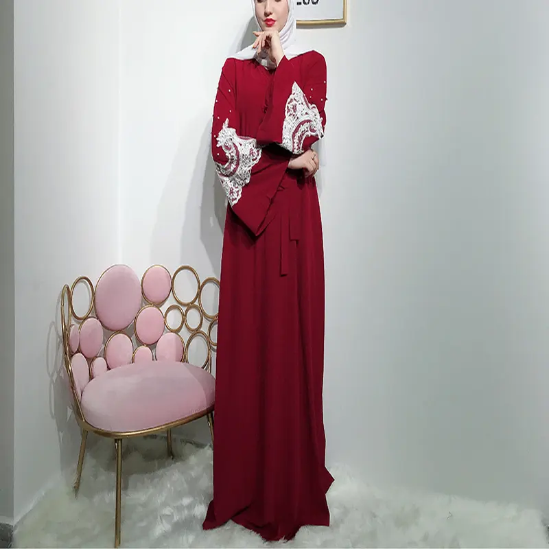 Wanita Muslim Abaya Gaun O Leher Lengan Panjang Lebar Renda Hollow Keluar Dubai Turki Gaun Perjamuan Pesta Pernikahan Malam Workwear