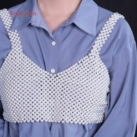 YouLaPan Débardeur Vintage à Perles, Bralette à Bretelles Fines Perlées à la Main avec Fermeture à Nœud en Ruban, Accessoire de Mode