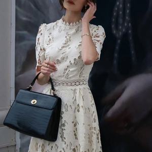 Fabricante de Ropa, Vestido de Encaje Blanco de Verano, Mangas Cortas, Vestidos Midi Casuales de Algodón con Encaje Calado para Mujer - Product Image 3