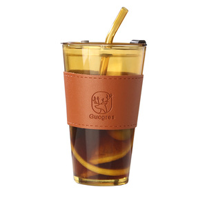 แก้วน้ำ/กาแฟสองชั้นขนาดใหญ่ พร้อมหลอดดูด ฝาปิด และปลอกหนังหุ้มแก้ว - Product Image 4