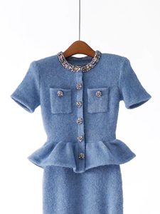 S~P 2026 Nuovo Abito in <span class=keywords><strong>Maglia</strong></span> Elegante <span class=keywords><strong>Blu</strong></span> Nebbia con Diamanti, Modellante in Vita, Collezione Primavera Precoce - Product Image 4