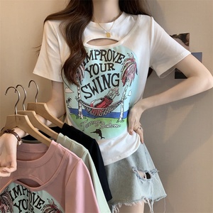 2XL 3XL 4XL cộng với kích thước Hollow-out Thiết kế ngắn tay T-Shirt của phụ nữ giảm béo Hot Girl phong cách hàng đầu cho phụ nữ - Product Image 1