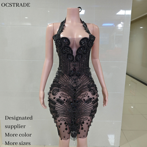 Ocstrade <span class=keywords><strong>Abito</strong></span> da Club Midi Nero Personalizzato con Halter, Strass e Rete, Vestito <span class=keywords><strong>Aderente</strong></span> Trasparente in Pelle per Compleanno, Ballo di Fine Anno, Serate e Feste - Product Image 1