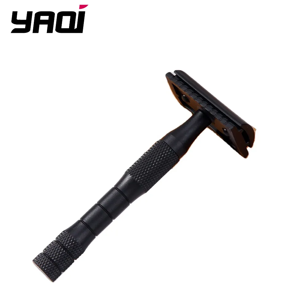 Yaqi-maquinilla de afeitar de seguridad de doble filo para hombre, cabezal de metal tradicional, con mango negro