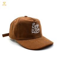 Casquettes Snapback à profil bas en velours côtelé marron personnalisées à 5 panneaux, non structurées, avec motif de points brodés à la main sur tissu Oxford