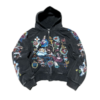 Sweat à capuche zippé court et ample en coton 100% imprimé numériquement DTG, style rétro américain OMMIZ, vintage, gothique, rock, hip-hop, streetwear