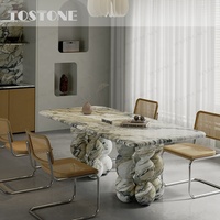 Table à manger en marbre brun naturel Tostone Decorative Art avec base en empilement de boules de marbre pour la décoration intérieure de villa