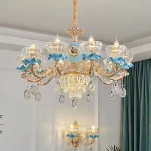 Design européen Prix raisonnable Français Vintage Bleu Lustre en céramique cristal Salon Chambre Hôtel - Product Image 4