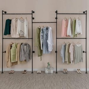 Porte-vêtements industriel en tuyau Porte-vêtements mural détachable en fer noir robuste Bar à vêtements Présentoir pour magasin de vêtements - Product Image 1