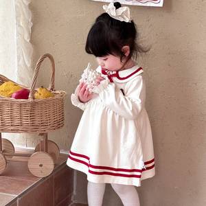 Child Star Circle Spring Retro School Style Baby Girl Dress With <b>Bow</b> Full Sleeve White <b>Red</b> Trim Flower Girl Dress - Product Image 4