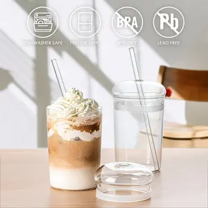 Glass Coffee Cup With Lid And Straw 16OZ High Borosilicate Glass Tumbler For Water Smoothie Juice