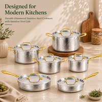 En gros Batterie de cuisine en acier inoxydable martelé avec poignées dorées, comprenant Casserole, Faitout, Poêle à frire avec couvercles, compatible induction, OEM