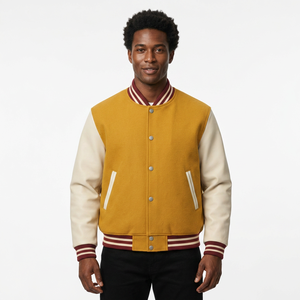 Men'<b>s</b> Mustard White Patchwork Varsity <b>Jacket</b> Preppy Style Turn-down Collar Button Front Regular Fit Winter Outerwear Genuine - Product Image 1