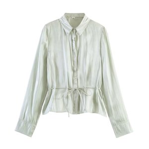 Camicetta da donna 2026 in raso metallizzato plissettato <span class=keywords><strong>con</strong></span> <span class=keywords><strong>cintura</strong></span>, camicia elegante in raso lucido a maniche lunghe, top casual da ufficio alla moda - Product Image 2