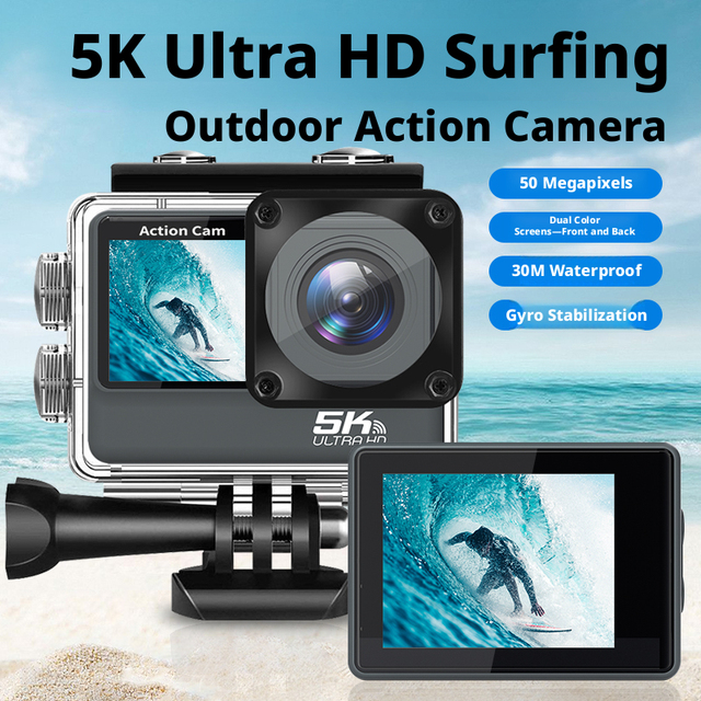 Dual Screen 5K 30m Waterproof Action Camera 50MP with WiFi Anti Shake MicroSD for Outdoor Adventures