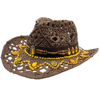 Chapeau de cowboy en paille creuse brun foncé en gros |   Chapeaux de festival Panama personnalisés en bois avec strass jaunes pour femmes et hommes