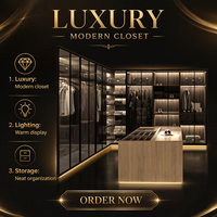 Système de dressing moderne de luxe sur mesure avec porte vitrée, cadre noir, éclairage LED et îlot pour chambre principale