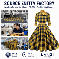 Robe midi évasée en coton à carreaux écossais personnalisée pour femme, col à nœud papillon, fabricant de marque privée
