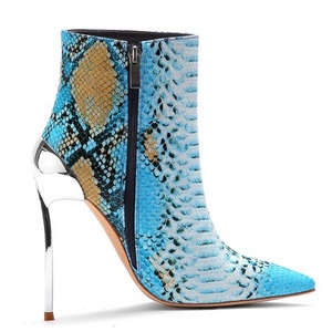 Blue Snakeskin Print Women High Heels Ankle <b>Boots</b> Large Size 45 Basic Metal Thin Heel Stiletto Dress Shoes Party Short <b>Boots</b> - Product Image 3