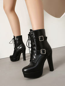 <b>Brown</b> Leather Ankle <b>Boots</b> Round Toe Platform <b>Lace</b>-Up Buckle High Heel Women's Autumn Fashion Drop Shipping - Product Image 5