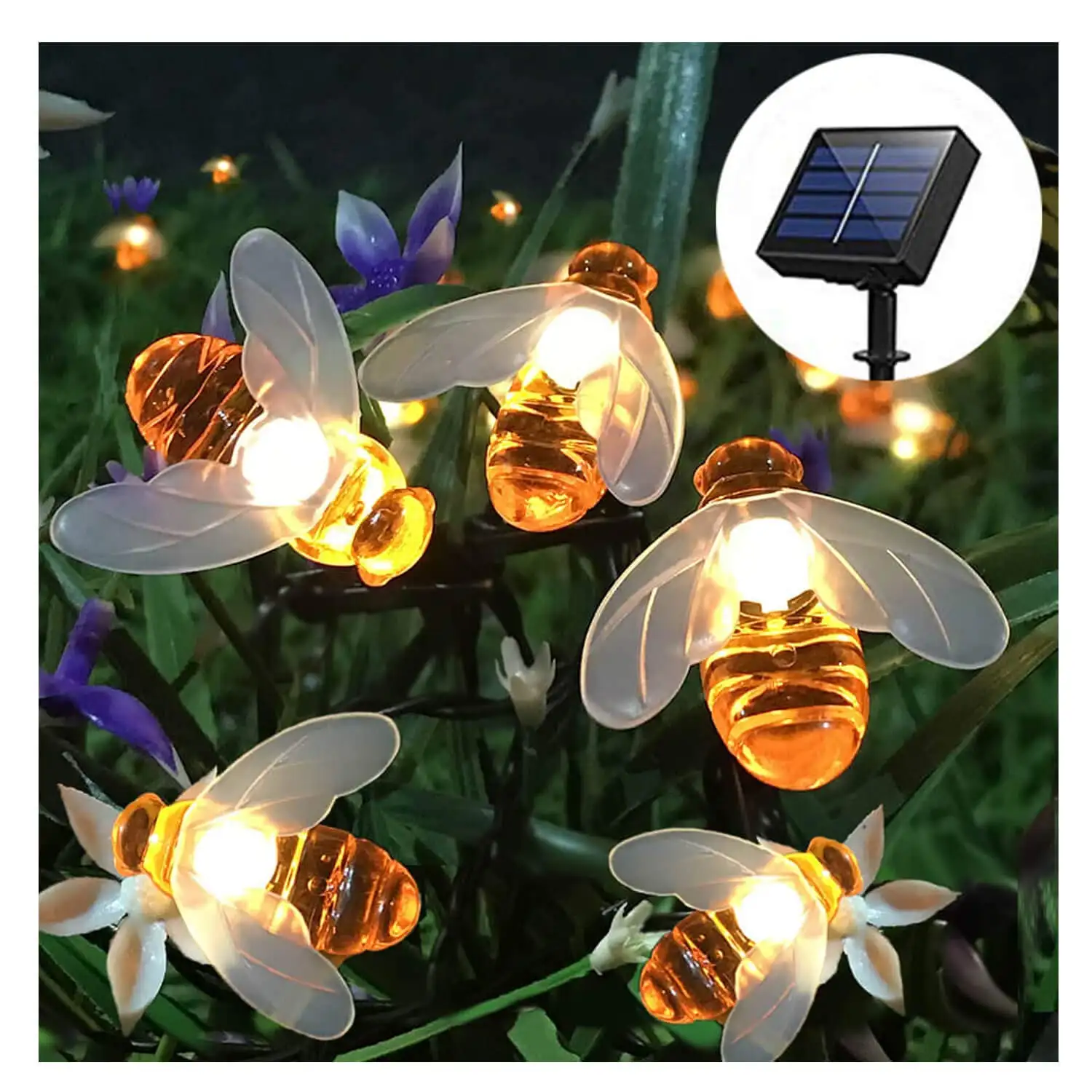 Cadena de lámparas Led solares decorativas para exteriores, tira de luces con forma de abeja para patio, miel