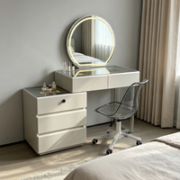 En gros Coiffeuse de chambre contemporaine avec miroir rond à éclairage LED, meuble de rangement multi-tiroirs, chaise de maquillage à roulettes transparentes