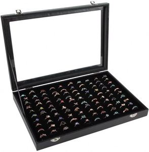 Stapelbare <span class=keywords><strong>Ring</strong></span> Case 100 Slot <span class=keywords><strong>Ring</strong></span> <span class=keywords><strong>Display</strong></span> Met Zwart Pu Leer Fluwelen Custom Geschenkdoos Glazen Deksel Voor Sieraden Opslag - Product Image 1