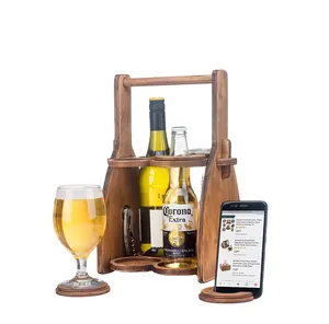 4 pack wine beer bottle case wood beer bottle carrier Glass Tray Holder with bottle opener