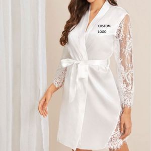 Robe de chambre en dentelle florale à manches longues avec logo personnalisé, peignoir de mariée, vêtements de nuit pour femmes, pyjama en soie - Product Image 2