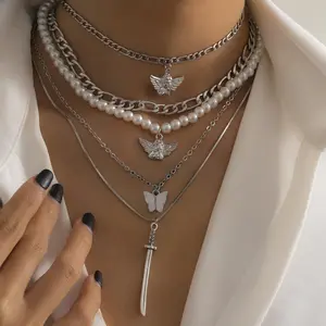 Collier de perles en argent pour femmes, bijoux de mode, ange multicouche, papillon exagéré, nouvelle collection 2023