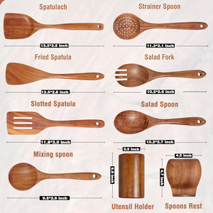 Ensemble d'ustensiles de cuisine en bois de teck naturel à 9 pièces avec logo personnalisé, spatule et cuillères à long manche en bois d'acacia, ustensiles de cuisine, outils de cuisson - Product Image 2