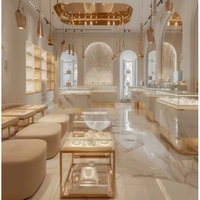 Vitrine de présentation de bijoux en marbre de luxe et or champagne, design intérieur de magasin sur mesure, solution complète de présentation pour la vente au détail