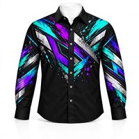 Kemeja Pria Lengan Panjang Hitam Kancing Depan Motif Grafis Ungu Teal Abstrak Modern Kasual Bahan Katun 100% Bernapas Modis