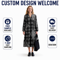 Robe midi décontractée et confortable pour femme, éco-responsable, coupe trapèze, avec imprimé personnalisé motif Hawaïen Quilt Palaka, col en V, manches longues