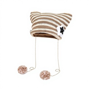 MADESHINE Y2K Bonnet d'hiver en jacquard rayé, tricoté, avec oreilles de chat mignonnes, croix étoilée, cornes de <span class=keywords><strong>diable</strong></span>, chaud, crocheté, broderie 3D, plage - Product Image 5