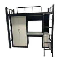 Cama alta moderna de metal tamaño completo con escalera y diseño de mesa debajo para uso en apartamentos, hoteles y dormitorios