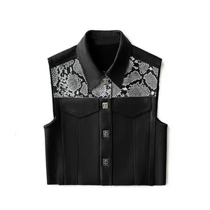 Wholesale Street Style Polo Collar Special Design Snake Skin Pattern Splicing Real Leather Vest Women