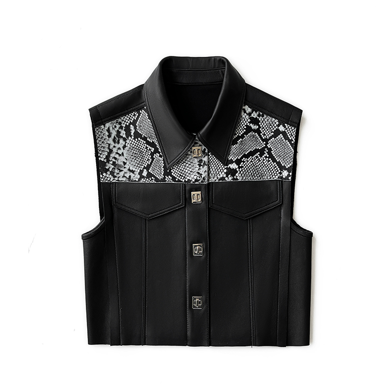 3176 Wholesale Street Style Polo Collar Special Design Snake Skin Pattern Splicing Real Leather Vest Women