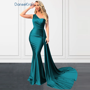 كتف واحد مخصص حورية البحر ضيف مع تنورة للنساء فساتين حفلات خضراء لامعة من الساتان الناعم فساتين وصيفة العروس لحفل الزفاف - Product Image 1