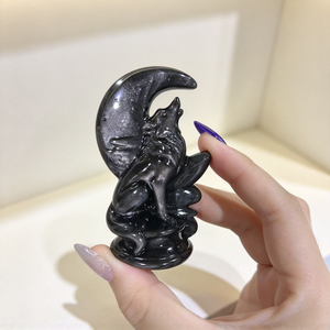 Venta al por mayor: Estatua de <span class=keywords><strong>lobo</strong></span> de obsidiana plateada natural tallada, adorno de colección curativa para decoración espiritual <span class=keywords><strong>del</strong></span> hogar. - Product Image 2
