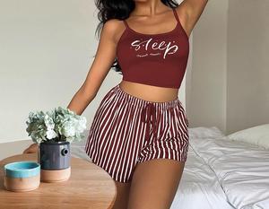 Annshine – Pyjama suspendu pour femme, motif rayé et lettres, en soie de lait, ensemble décontracté imprimé lettres – Ventes flash - Product Image 3