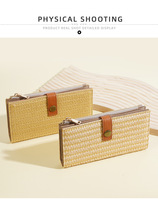 Dompet Lipat Panjang Desain Baru untuk Wanita, Dompet Kartu Trendy Bahan Jerami dengan Kantong Resleting Kulit PU Kapasitas Besar dan Portabel