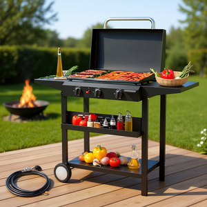 Plancha de Gas de 3 Quemadores con Superficie Plana, 30000 BTU, Propano, Revestimiento Cerámico, Hierro Fundido, Estantes Laterales, Estante para Especias, Estación de Cocina para Exteriores - Product Image 2