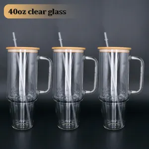 Reusable Fits in Cup Holder Cup High borosilicate Leak Proof 32oz 40oz large capacity glass tumbler with handle