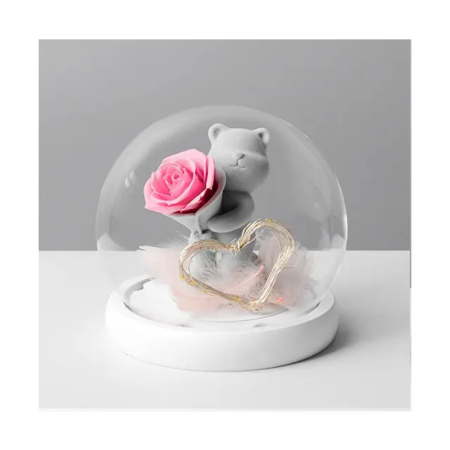 Ammy mothers day gifts Preserved Flower glass dome Eternal flower teddy Bear gift box house decorative luxury gift box