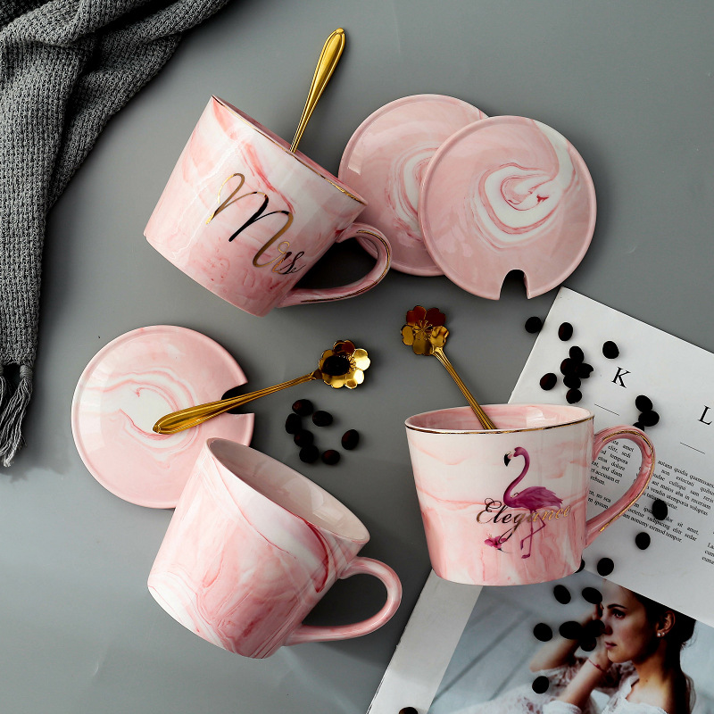 Doyoung Wholesale Gift Couple Mug Set Marble Ceramic Coffee Flamingo Mug with Custom Logo