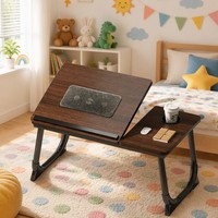 Support d'ordinateur portable pliable en bois avec ventilateurs de refroidissement USB doubles, réglable en hauteur sur 5 niveaux, portable, pour lit et canapé, avec porte-gobelet